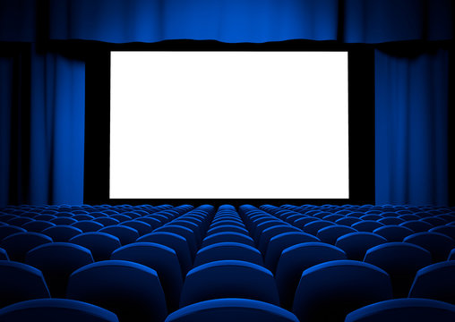 Cinema screen with blue curtains and seats