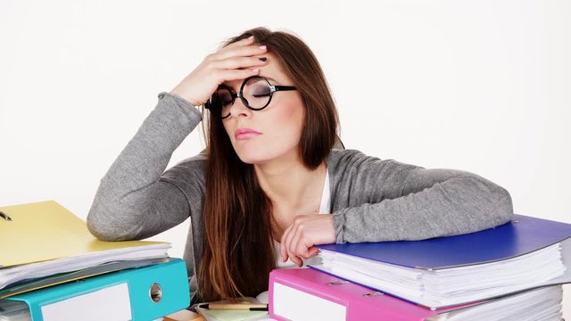 woman tired with stack of folders documents 4K