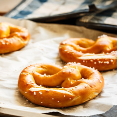 Frische Brezen auf Backblech - fresh pretzels on a baking sheet