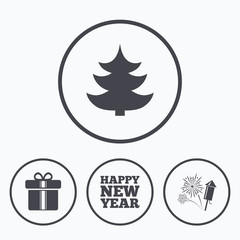Happy new year sign. Christmas tree and gift box