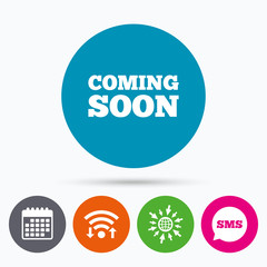 Coming soon icon. Promotion announcement symbol.