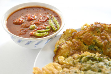 Fried mackerel with shrimp paste sauce with vegetable fried the delicious Thai food.
