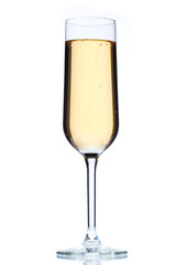 full glass of champagne over white.