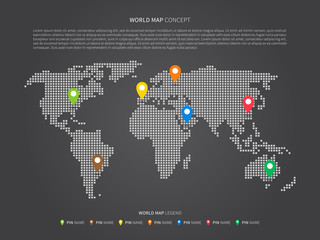 World map infographic with colorful pointers vector illustration. Modern world map with pins graphic design. International world map layout. Global map creative concept.

