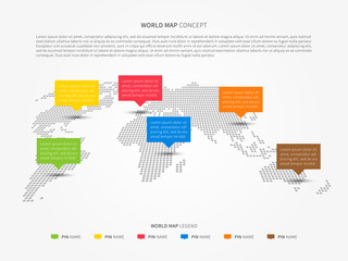Perspective world map infographic with colorful pointers vector illustration. Modern perspective world map with pins graphic design. International world map layout. Global map creative concept.
