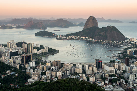 Sugarloaf Mountain and Rio de Janeiro City View in Evening Sun Light