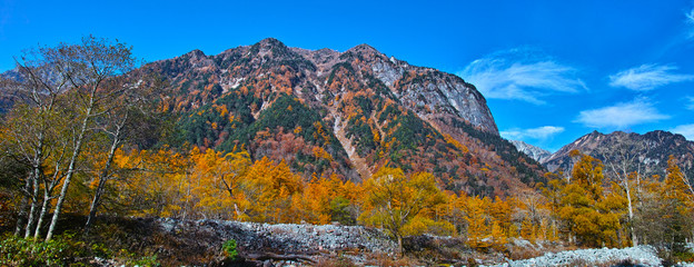 秋の上高地、　紅葉シーズンの屏風岩　全景