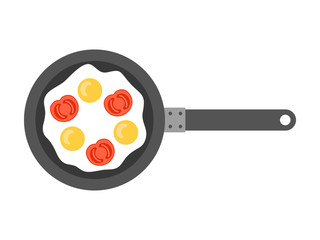 Scrambled eggs. Flat icon fried eggs with cheese on pan. 