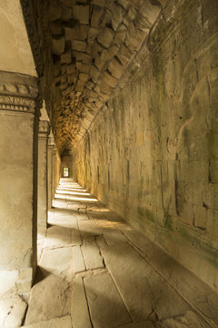 Interior with columns in the ancient temple of Angkor Wat, Cambo