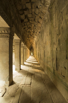 Interior with columns in the ancient temple of Angkor Wat, Cambo