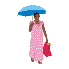 Indian woman walking for shopping with an umbrella from the sun