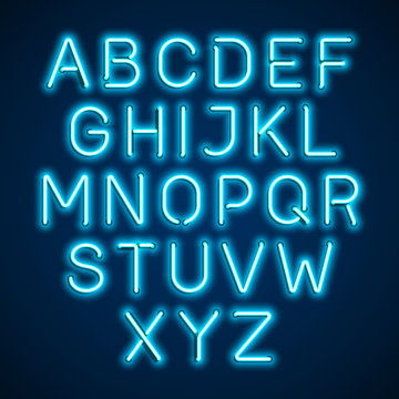 Blue neon light glowing alphabet