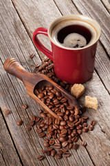 Coffee cup, beans and brown sugar