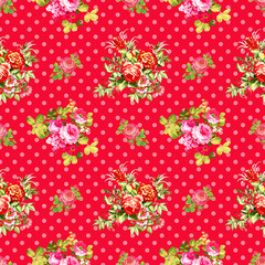 roses with red polka dot pattern, seamless texture background