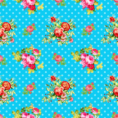 roses with blue polka dot pattern, seamless texture background