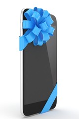 Black phone with blue bow. 3D rendering.