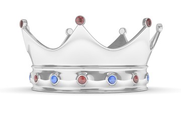 Silver royal crown with blue and red gems on white. 3D rendering.