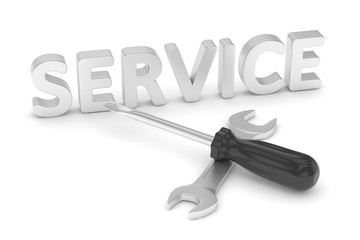 screwdriver and wrench tools on white background. service concept. 3D Rendering.