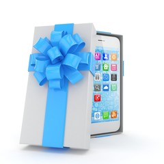Smartphone in gift box. Isolated on white background. 3d rendering.