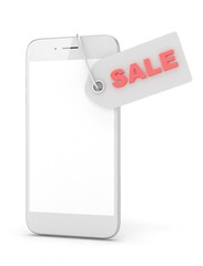 White smart phone with red sale label on white background. Best offer. Leader of sales. 3D rendering.