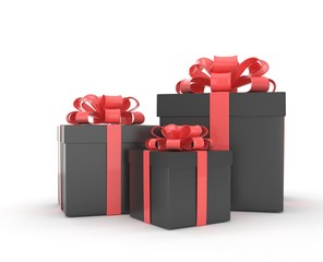 three gift boxes with bows isolated on white. 3d rendering.