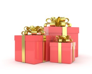 three gift boxes with bows isolated on white. 3d rendering.