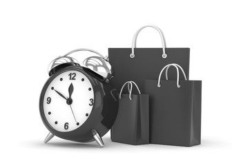 alarm clock and shopping bag (time to buy concept). 3d rendering.