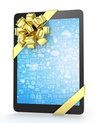 Black tablet with golden bow and blue screen. 3D rendering.