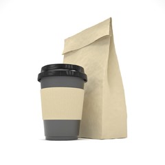 Coffee to go and lunch bag, on white. 3d rendering.