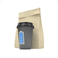 Coffee to go and lunch bag, on white. 3d rendering.