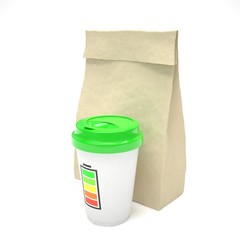 Coffee to go and lunch bag, on white. 3d rendering.