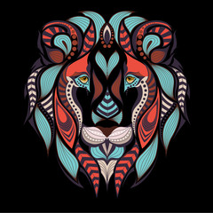 Patterned colored head of the lion. African / indian / totem / tattoo design. It may be used for design of a t-shirt, bag, postcard and poster.
