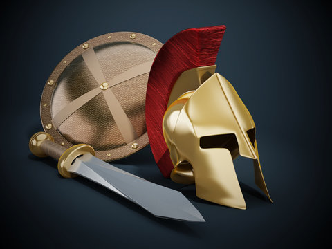 Ancient Greek helmet, shield and sword