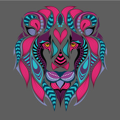 Patterned colored head of the lion. African / indian / totem / tattoo design. It may be used for design of a t-shirt, bag, postcard and poster.