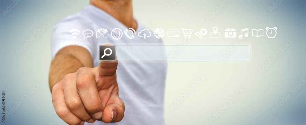 Aufkleber man surfing on internet with digital tactile web address bar