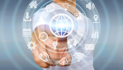 Businessman using digital tactile screen interface with web icon