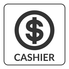 Cashier icon with dollar sign for shop, store, bank, supermarket etc. Gray circle USD symbol cash isolated on white background. Stylized coin. Flat design concept of service. Stock vector illustration