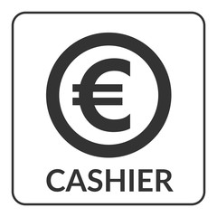 Cashier icon with euro sign for shop, store, bank, supermarket etc. Gray circle symbol cash isolated on white background. Stylized coin. Flat design concept of service. Stock vector illustration