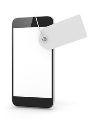 Smart phone with price tag on white background. Identification, price, label. 3D rendering.