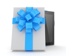 Tablet in white gift box with blue bow and ribbons on white. 3D rendering.