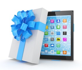 Tablet in white gift box with blue bow and ribbons on white. 3D rendering.