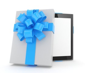 Tablet in white gift box with blue bow and ribbons on white. 3D rendering.