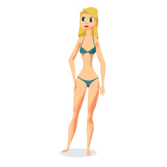 Slender woman dressed in green swimsuit is standing. Isolated fl