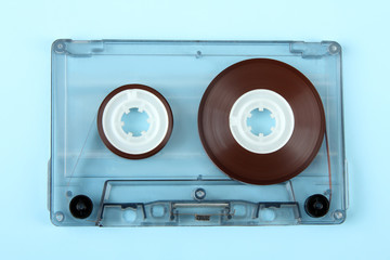 blue audio cassette on blue background