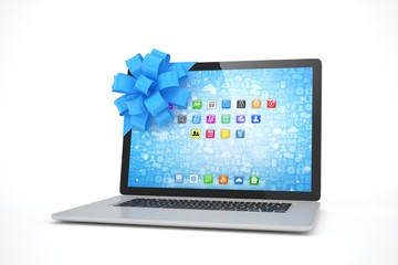 Laptop with blue bow and icons. 3D rendering.