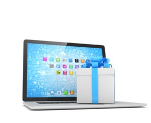 Gift box with ribbon bow on laptop keyboard. 3d rendering.