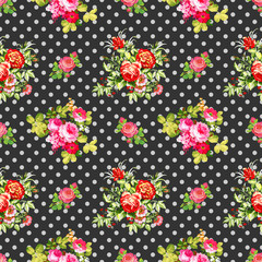 roses with black polka dot pattern, seamless texture background