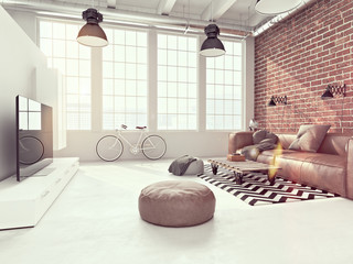  living room loft interior. 3d rendering
