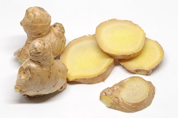 cut ginger on white