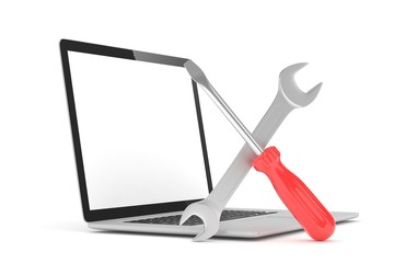 3D Illustration Wrench and screwdriver on laptop, service concept